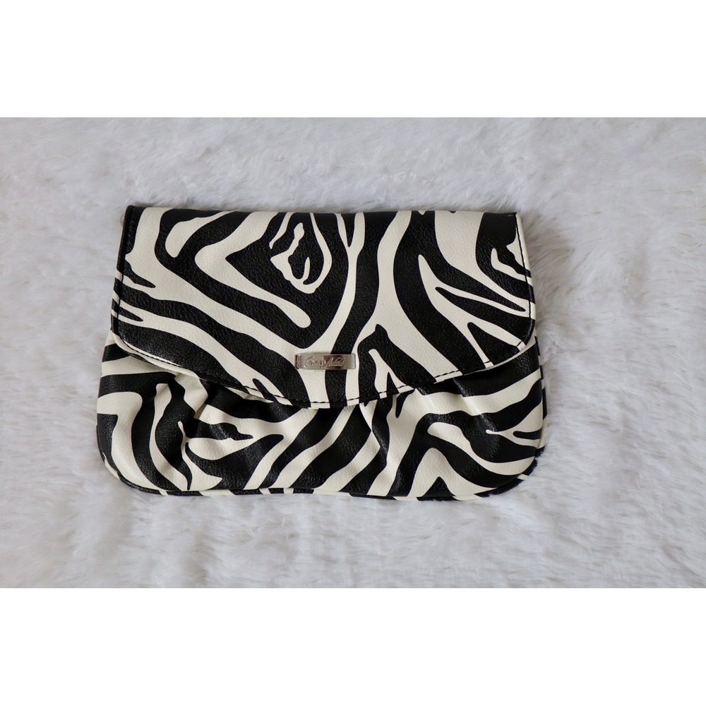 Grace Adele Zebra Print Clutch Bag Black White Faux Leather Red Lining Snap Flap